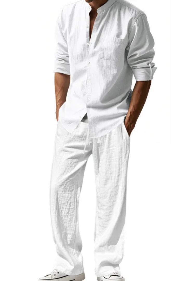Close-up of the grandad collar shirt from the men's two-piece set, emphasizing casual fashion.