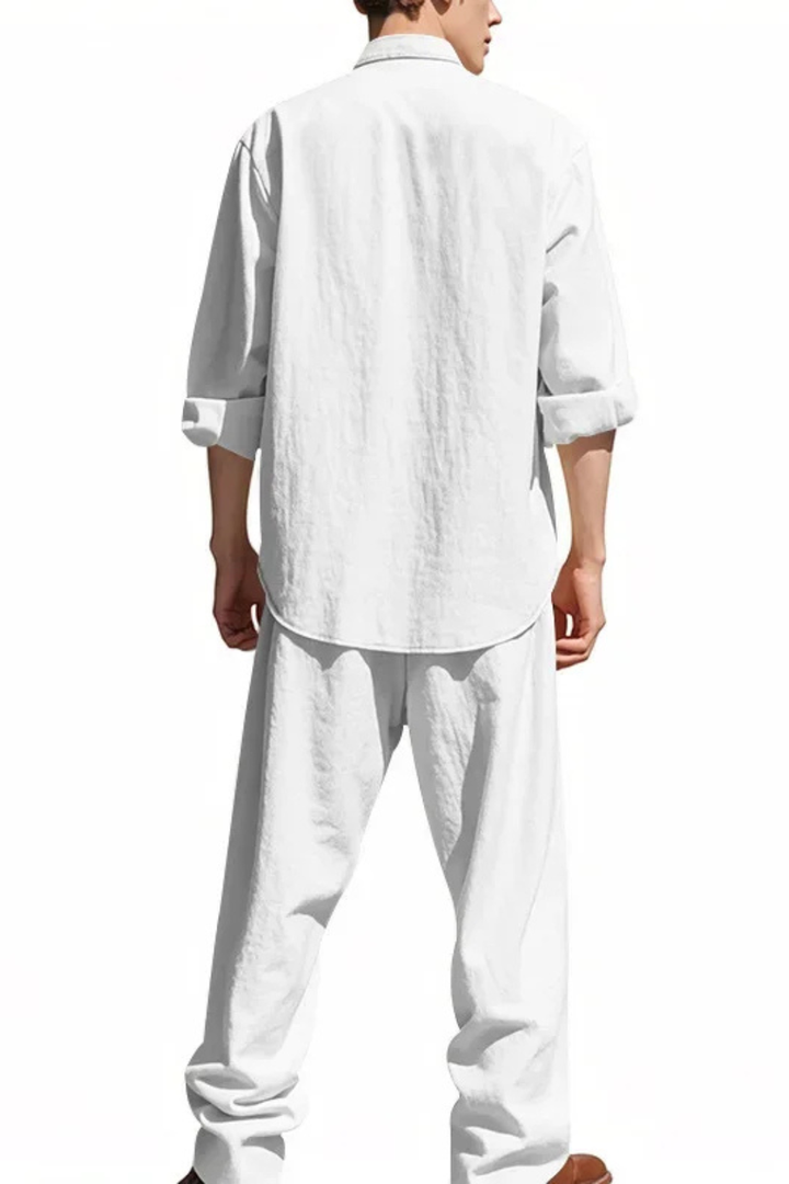 Detail shot of the straight leg trousers from the men's matching set, ideal for spring & summer.