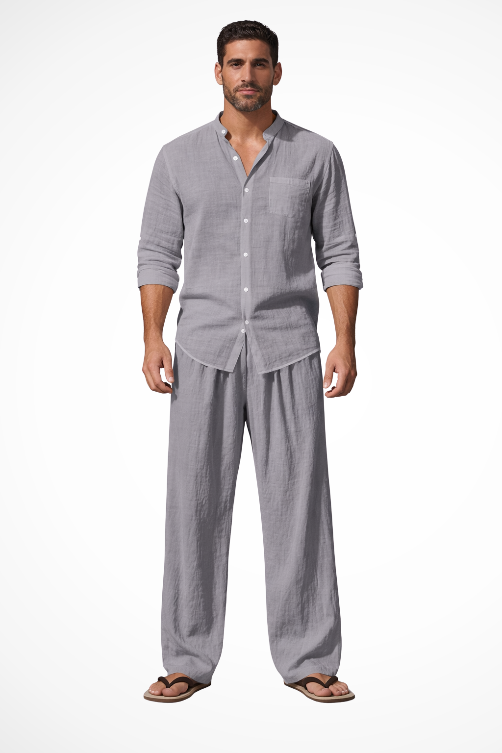 Men's spring fashion matching set: Grandad collar shirt and straight leg trousers for a relaxed look.