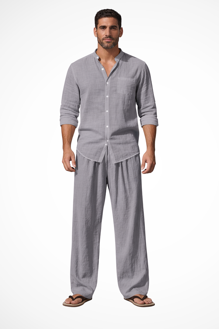 Men's spring fashion matching set: Grandad collar shirt and straight leg trousers for a relaxed look.