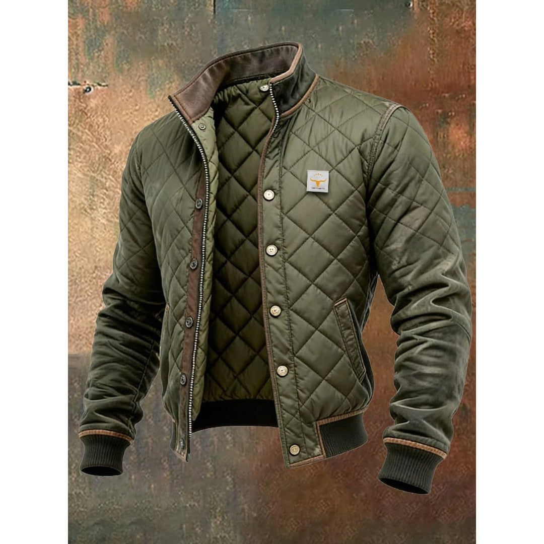Men's green quilted bomber jacket with stand collar & snap buttons. Warm winter & fall casual outerwear.