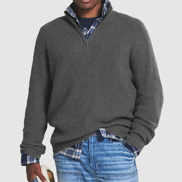 Soft men's cashmere blend half-zip sweater, a classic and comfortable piece of knitwear for him.