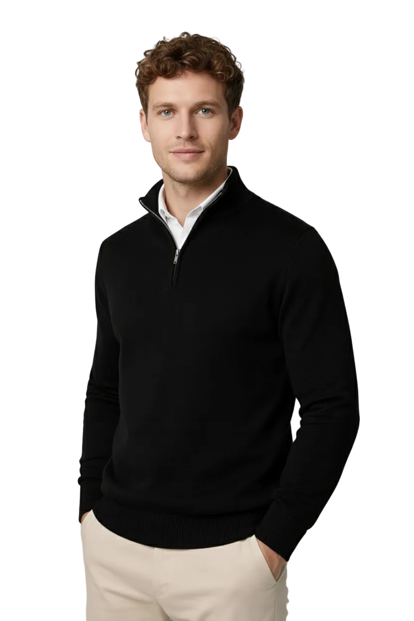Men's half-zip high neck sweater, perfect for winter warmth & comfort.
