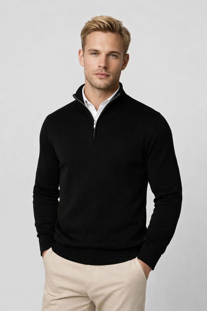 Stylish men's half-zip pullover, high neck design for casual winter fashion.