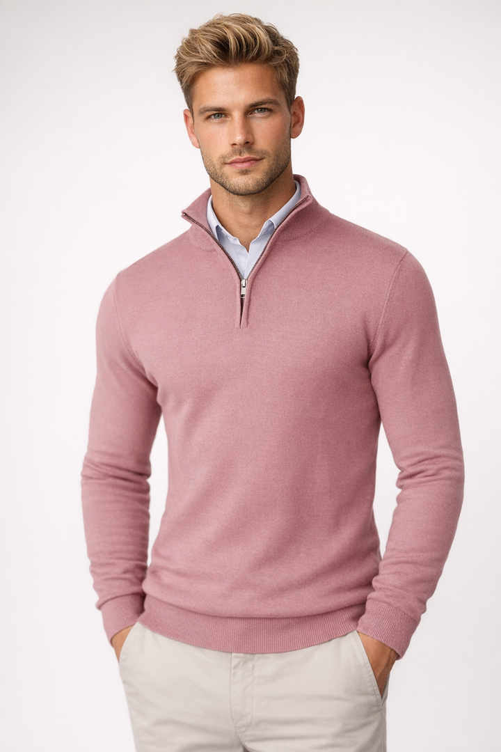 Versatile men's half-zip sweater, ideal layering top for cold weather & everyday comfort.