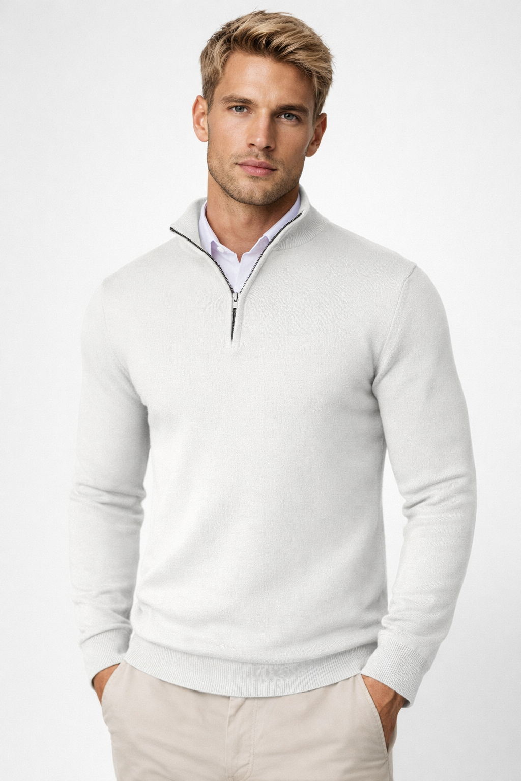 High neck half-zip men's sweater, offering warmth and a modern casual look for winter fashion.