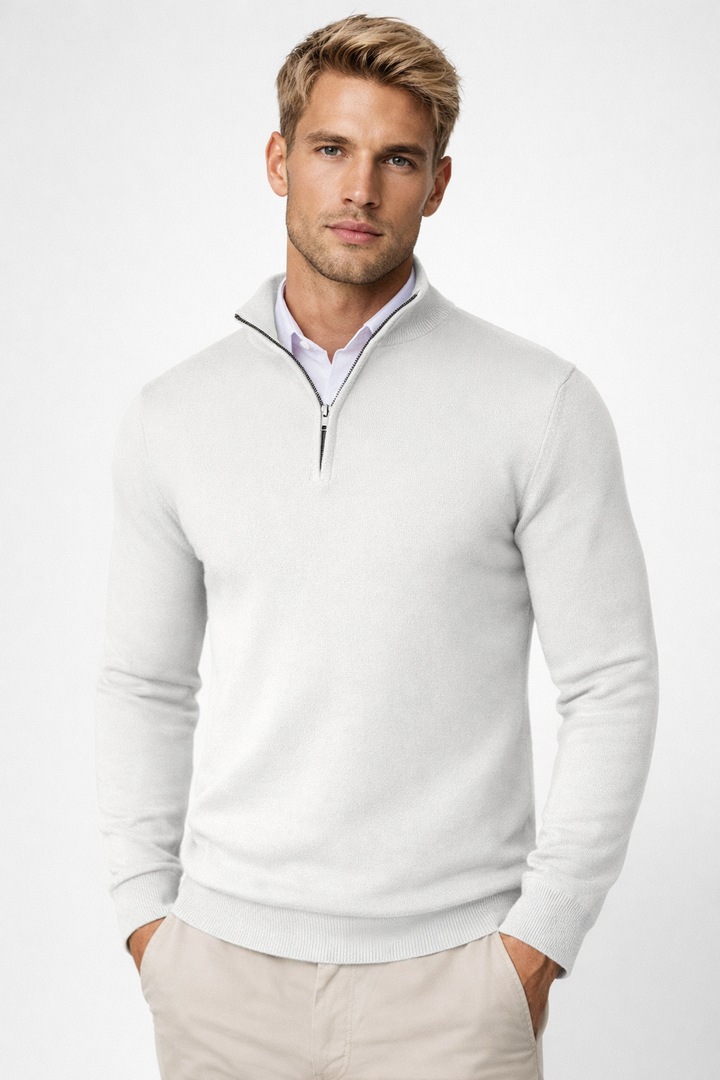 High neck half-zip men's sweater, offering warmth and a modern casual look for winter fashion.