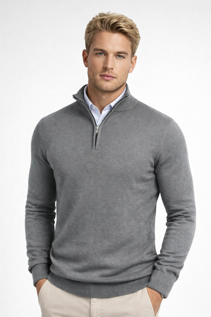 Comfortable men's half-zip high neck sweater, ideal everyday wear for cold weather layering.
