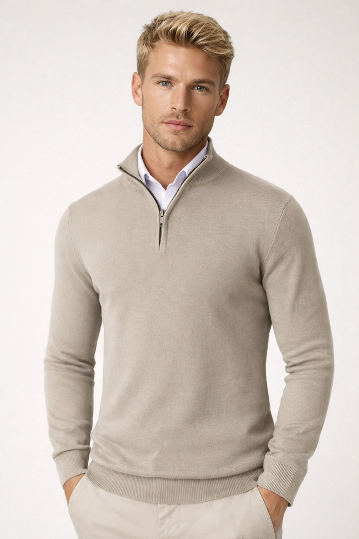Fashionable men's half-zip pullover, high neck design for practical winter warmth & style.