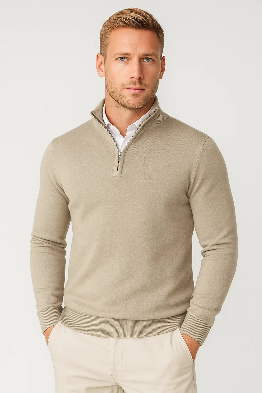 Men's stylish half-zip high neck sweater, a warm layering top for winter and casual fashion.