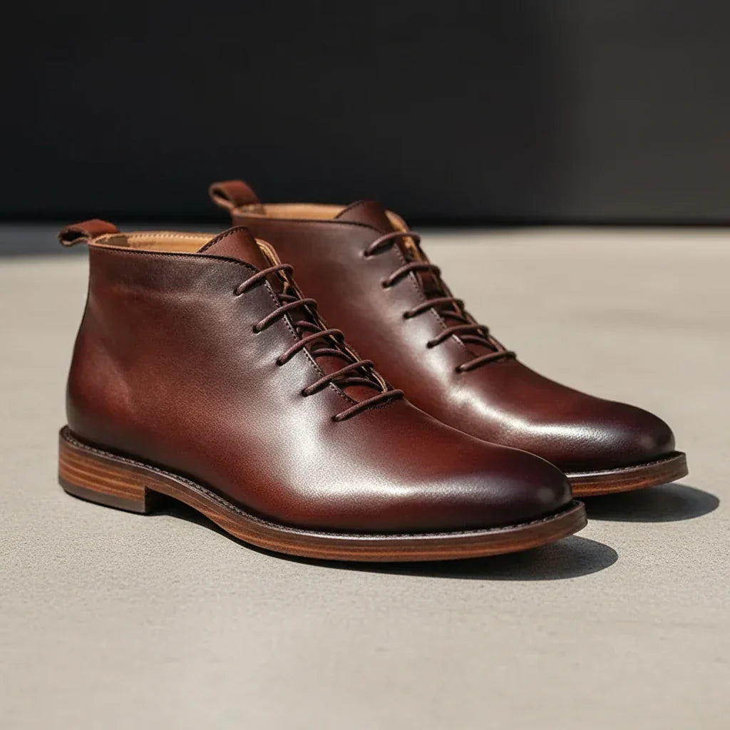 Men's hand-finished brown leather ankle boots, timeless style & comfort for dress or casual wear.