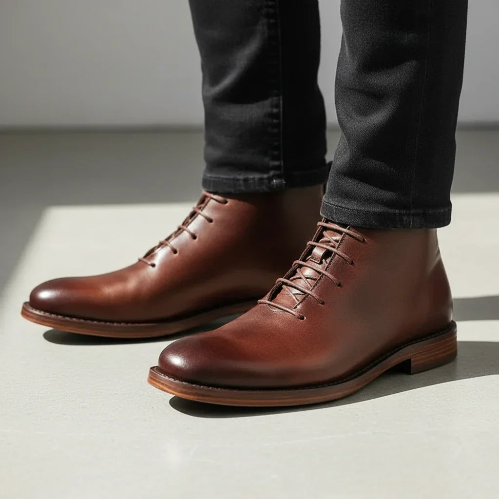 Stylish black men's ankle boots, hand-finished for durability & everyday comfort. Classic dress footwear.