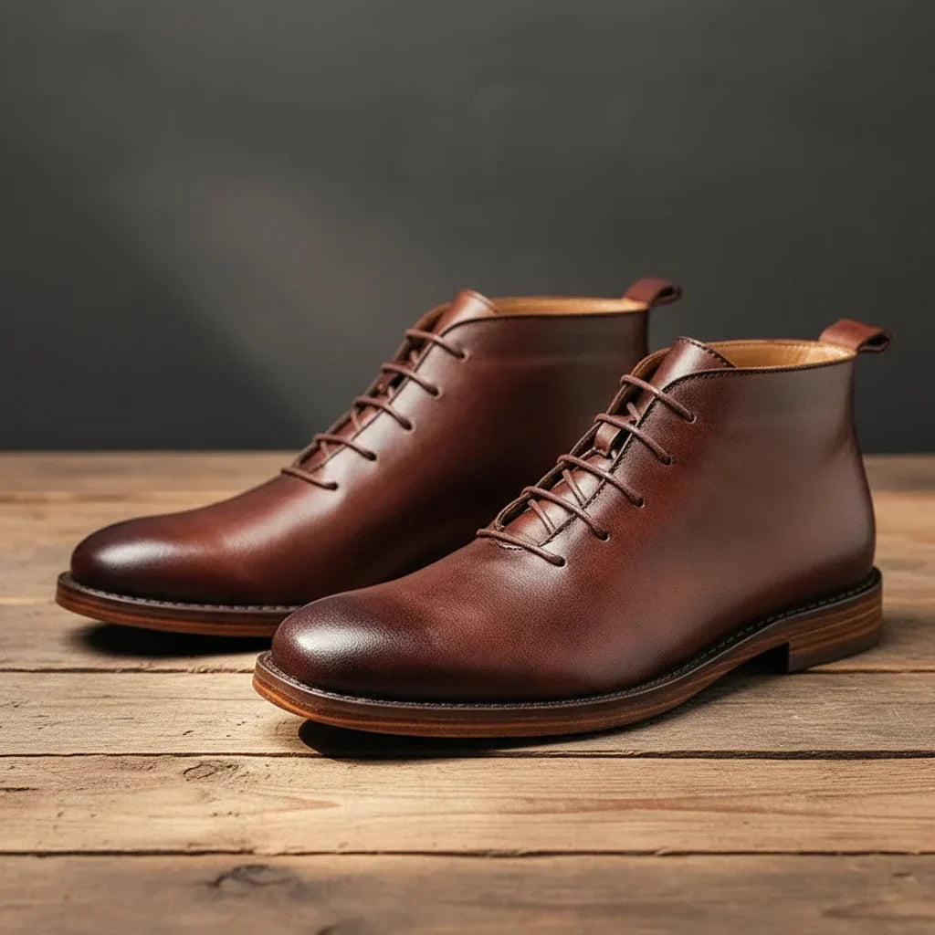 Hand-finished men's ankle boots in rich brown, offering comfort and stylish versatility for any occasion.