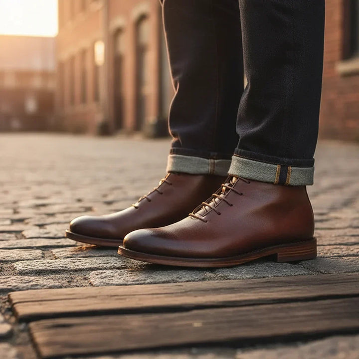 Timeless black men's ankle boots, hand-finished design ensures durability & classic style for all outfits.