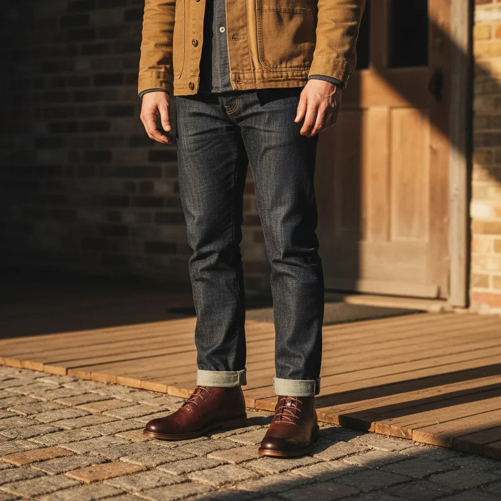 Comfortable men's brown dress boots, hand-finished construction for durable, stylish everyday or formal wear.