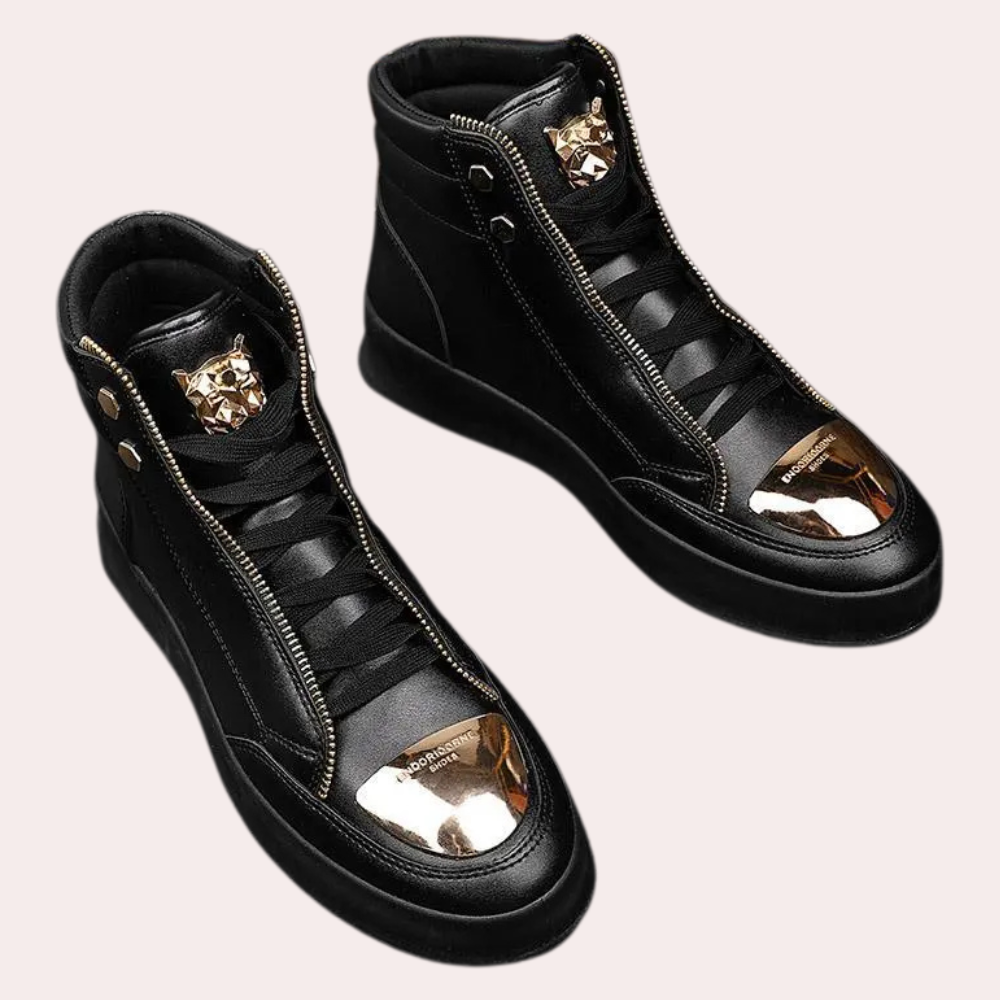 Men's high top streetwear sneakers with a metallic toe, perfect for a bold urban fashion statement.