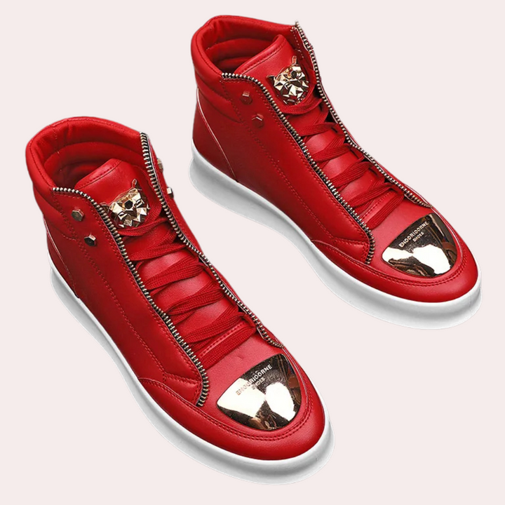 Stylish men's high top metallic toe sneakers, ideal for streetwear and making a bold urban fashion statement.