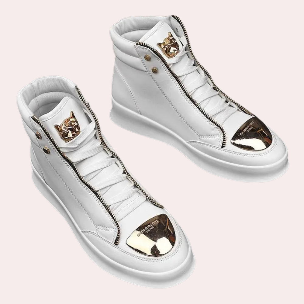 Urban men's high top trainers featuring a striking metallic toe, combining streetwear style with bold design.