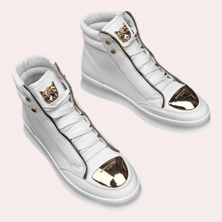 Urban men's high top trainers featuring a striking metallic toe, combining streetwear style with bold design.