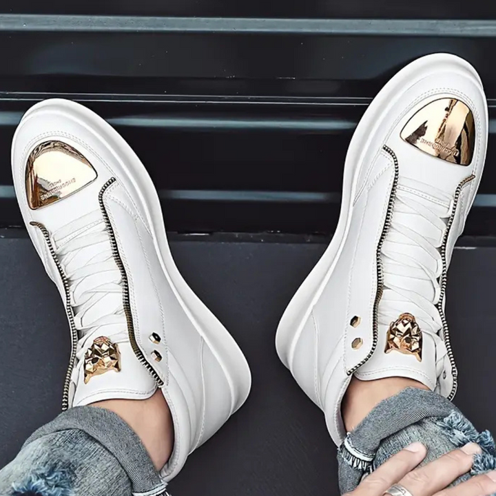 Statement men's high top sneakers with a unique metallic toe, enhancing any streetwear or casual urban look.