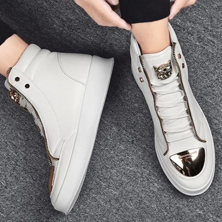 Men's metallic toe high top sneakers for streetwear, offering bold style and urban fashion footwear appeal.