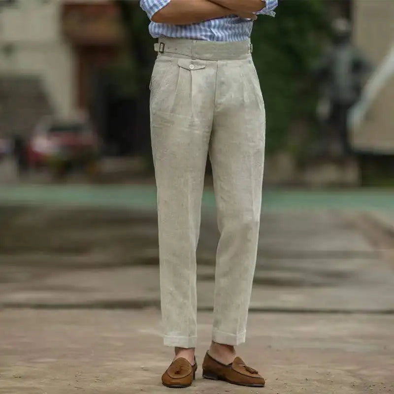 Men's high waist tailored trousers in a classic cut, perfect for elegant and versatile smart casual wear.