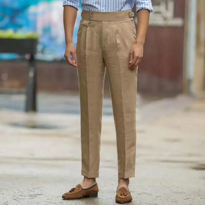 Full length men's high waist tailored trousers, an elegant and comfortable choice for smart casual or office wear.
