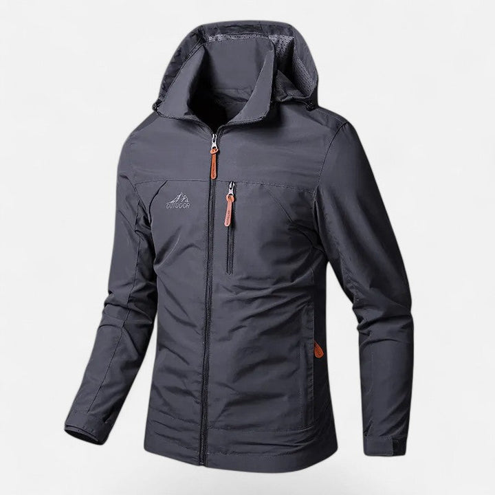 Front view: Men's loose-fit hooded casual jacket, highlighting its comfortable design & versatile style.