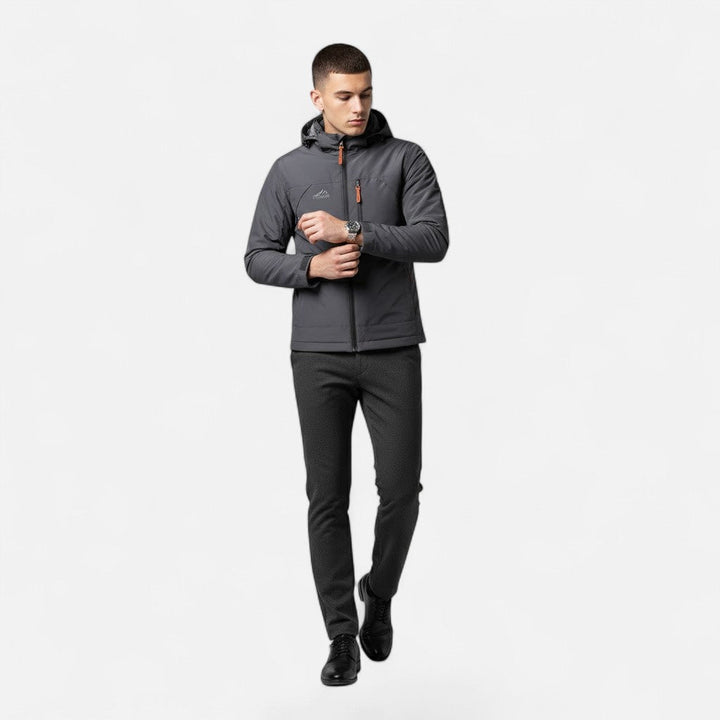 Side view: Men's casual hooded jacket, showcasing the comfortable loose fit and long sleeves.