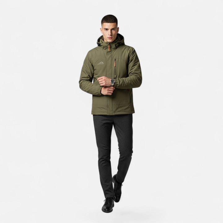 Detail of long sleeves & loose fit on a men's comfortable hooded jacket for everyday style.
