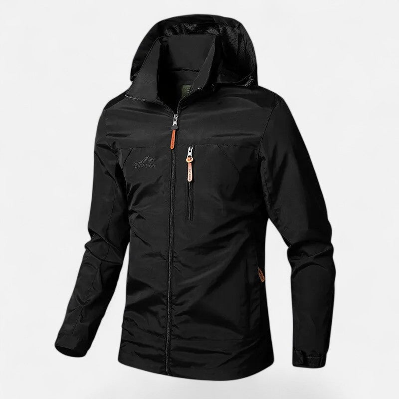 Versatile men's long-sleeve hooded jacket, minimalist outerwear for casual occasions & comfort.