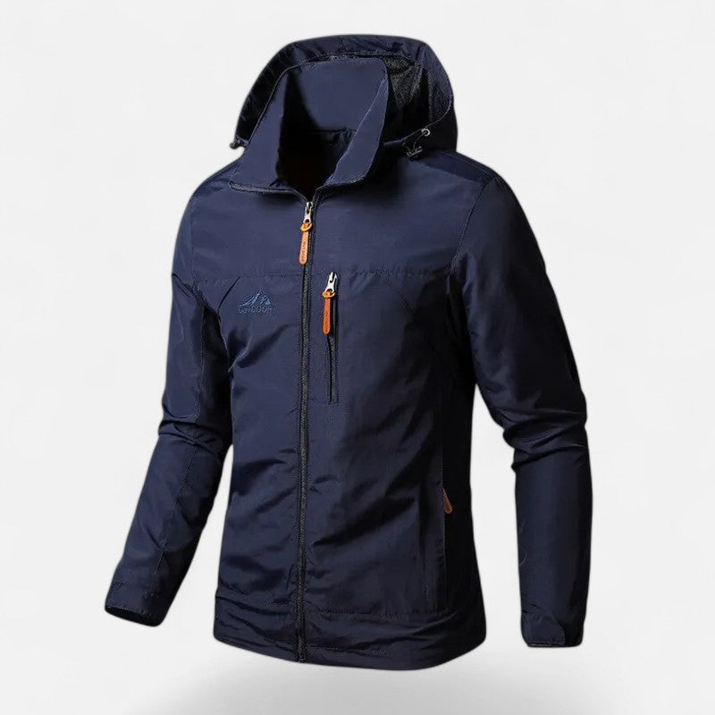 Transitional men's hooded jacket, loose-fit outerwear for changing weather. Comfortable & stylish.