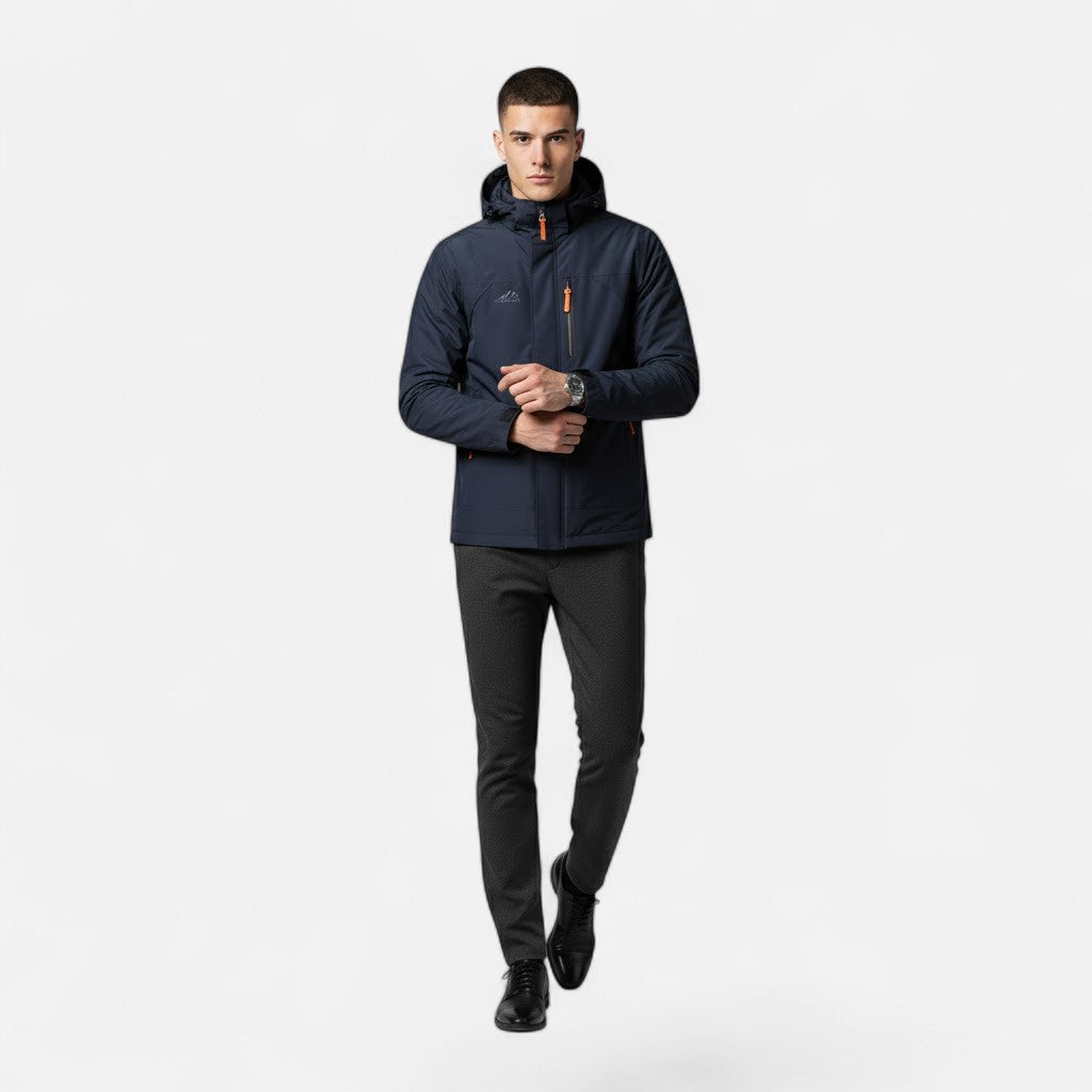 Man wearing a comfortable loose-fit hooded casual jacket for a relaxed, modern everyday look.