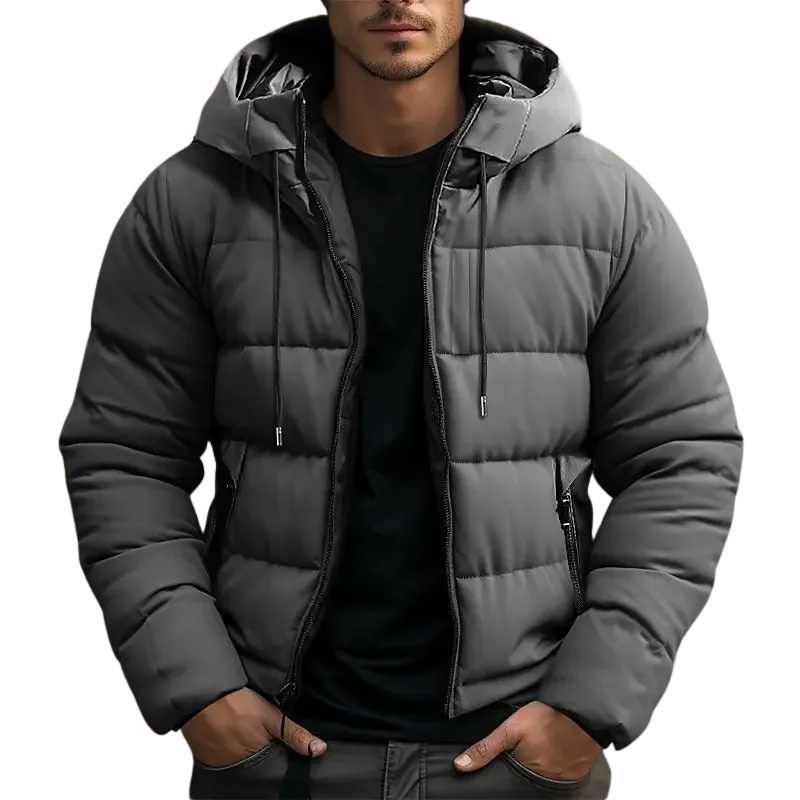 Insulated men's hooded puffer jacket for superior cold weather protection & comfort.