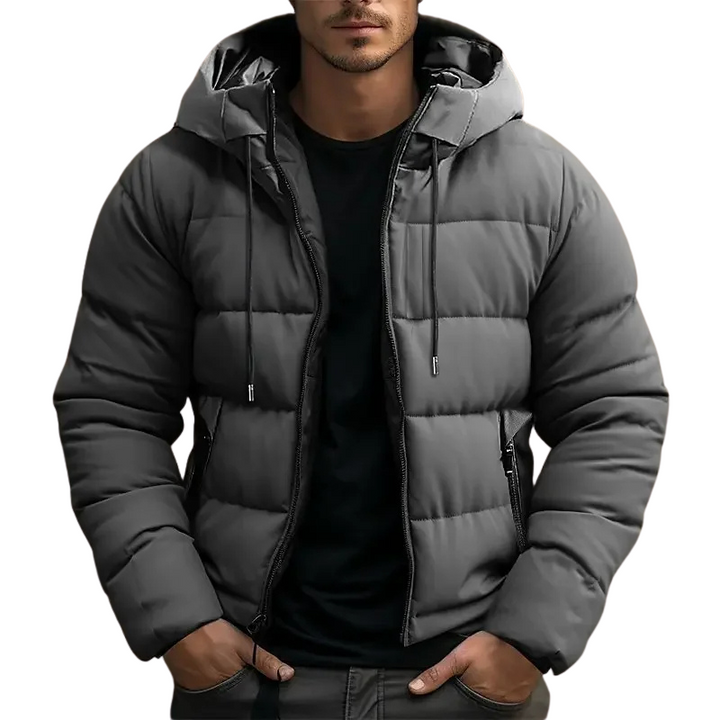 Insulated men's hooded puffer jacket for superior cold weather protection & comfort.