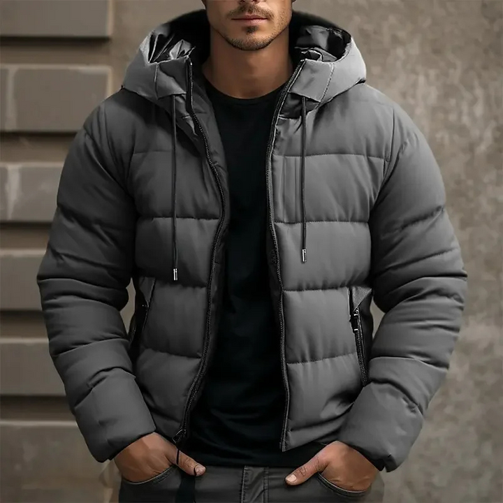 Casual hooded puffer jacket for men, ideal for daily cold weather fashion.
