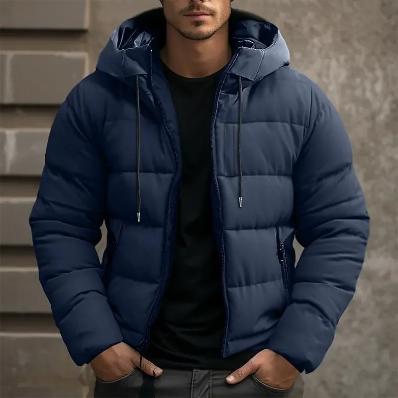 Durable men's outerwear: hooded puffer jacket designed for extreme cold conditions.