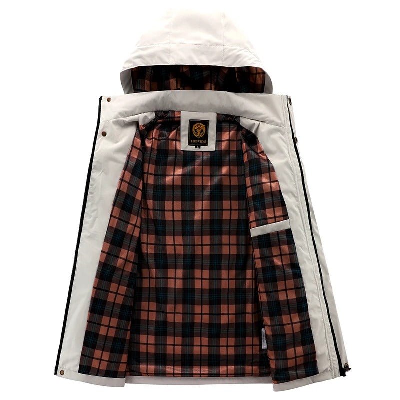 Men's hooded utility winter jacket with multi-pockets. Warm outerwear for cold weather & outdoor adventures.