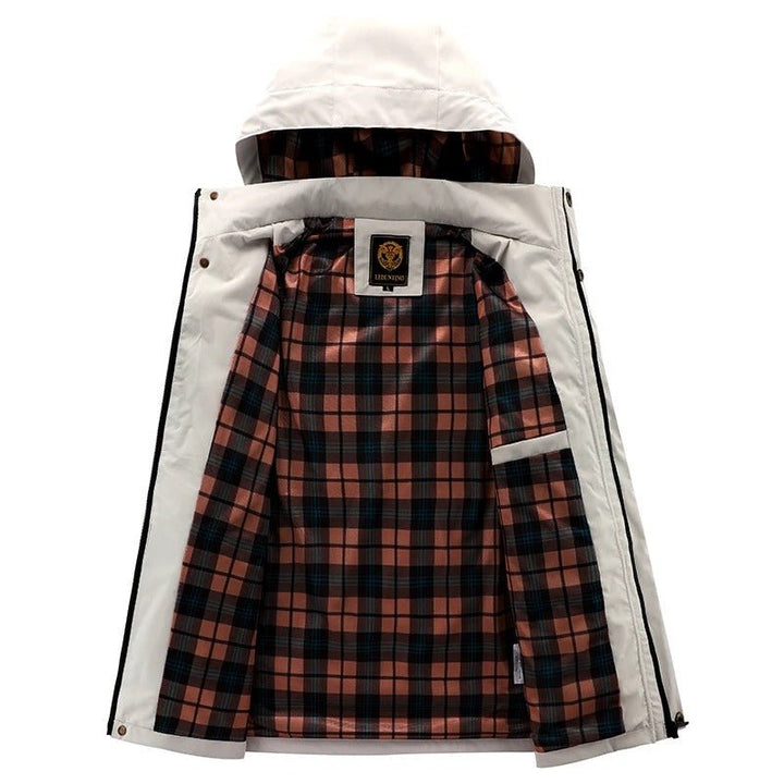 Men's hooded utility winter jacket with multi-pockets. Warm outerwear for cold weather & outdoor adventures.