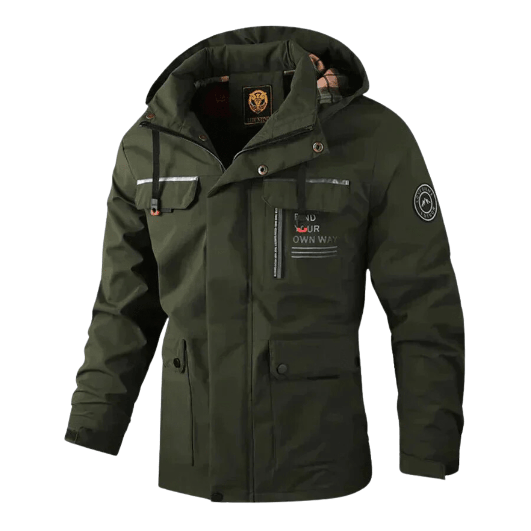 Premium men's hooded winter outerwear, utility style with multi-pockets for warmth & durability.