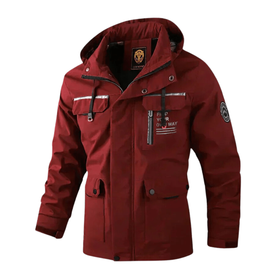 Men's hooded utility winter jacket, multi-pocket design, warm casual coat for cold outdoor gear.
