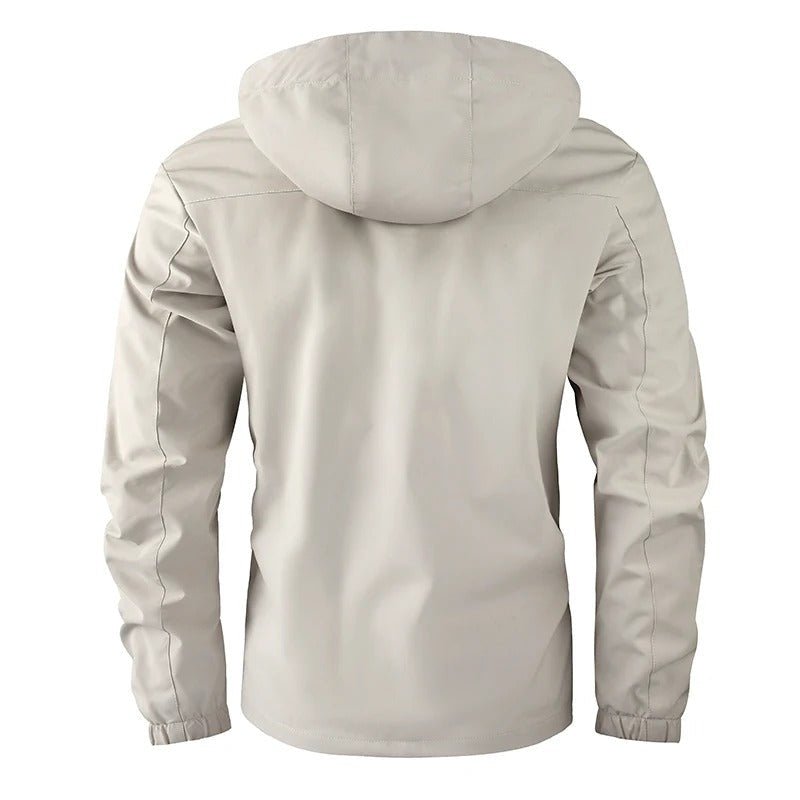 Warm men's hooded winter jacket, multi-pocket utility style, ideal for cold weather comfort & outdoor gear.
