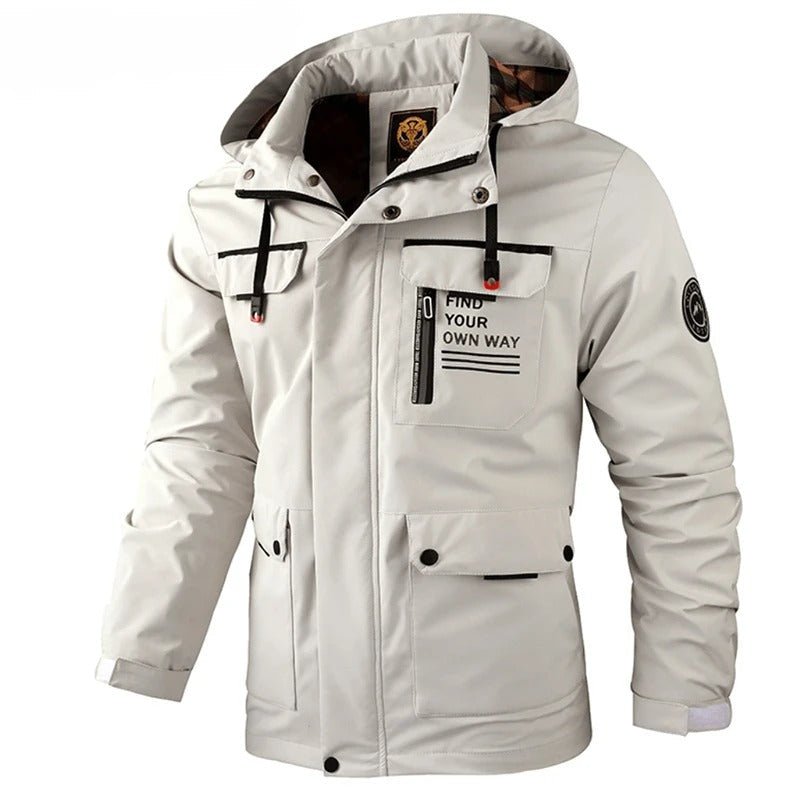 Men's warm hooded utility winter jacket. Multi-pocket design for outdoor gear & cold weather comfort.