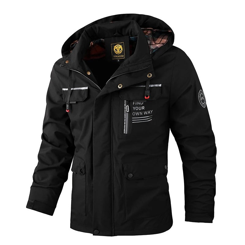 Stylish men's hooded winter jacket, multi-pocket utility, durable & warm for cold weather casual wear.