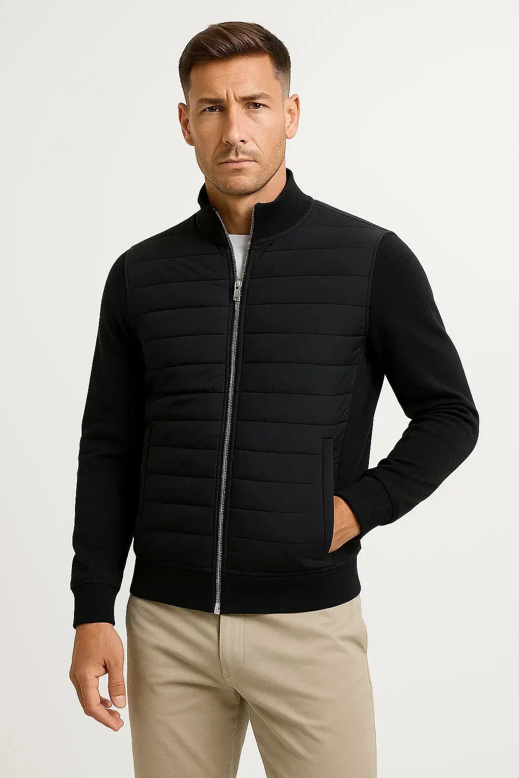 Men's hybrid quilted jacket with knitted sleeves. Smart casual outerwear, ideal for fall & spring layering.