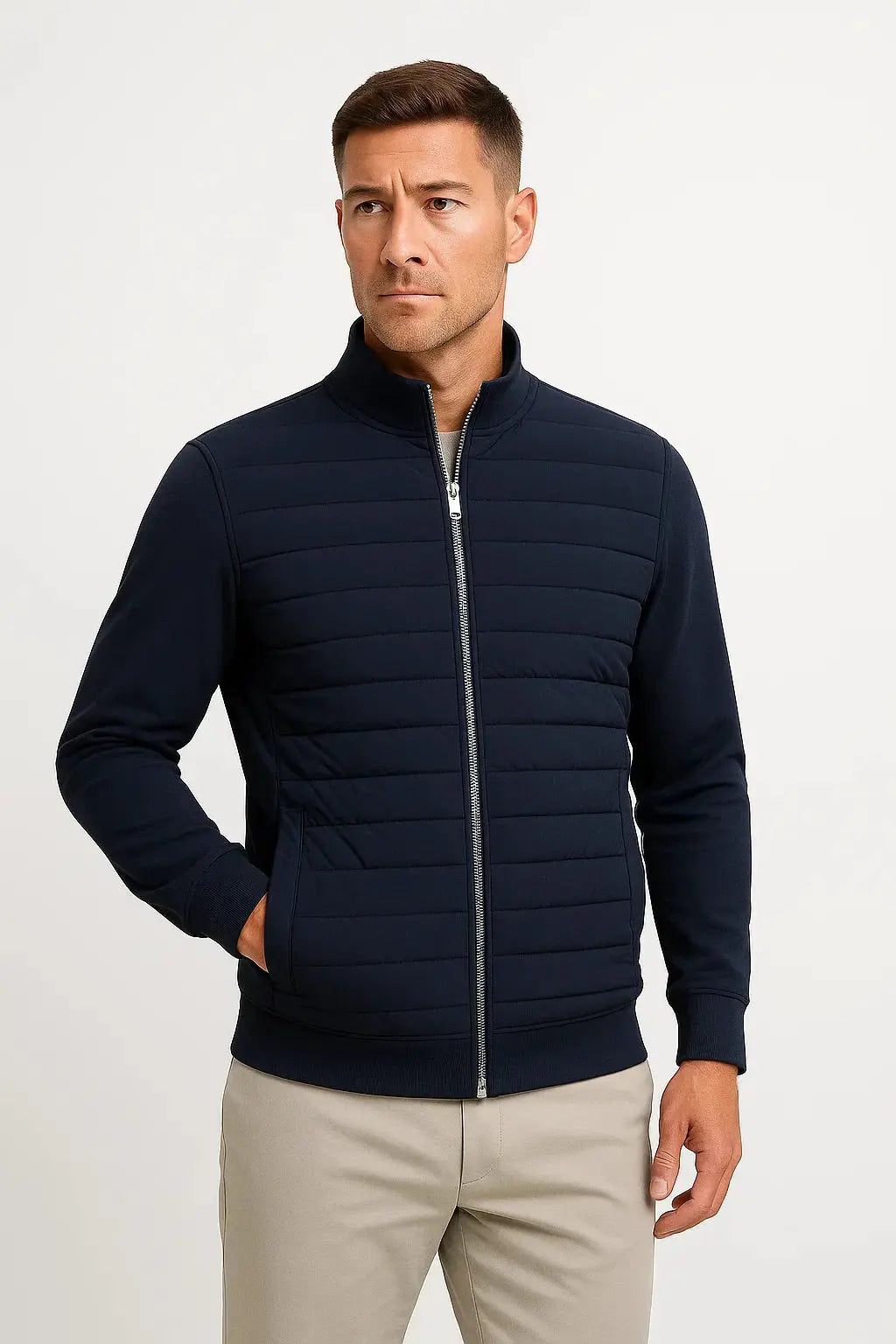Comfortable men's hybrid jacket. Quilted chest & back with knitted sleeves, great for cool weather & men's fashion.