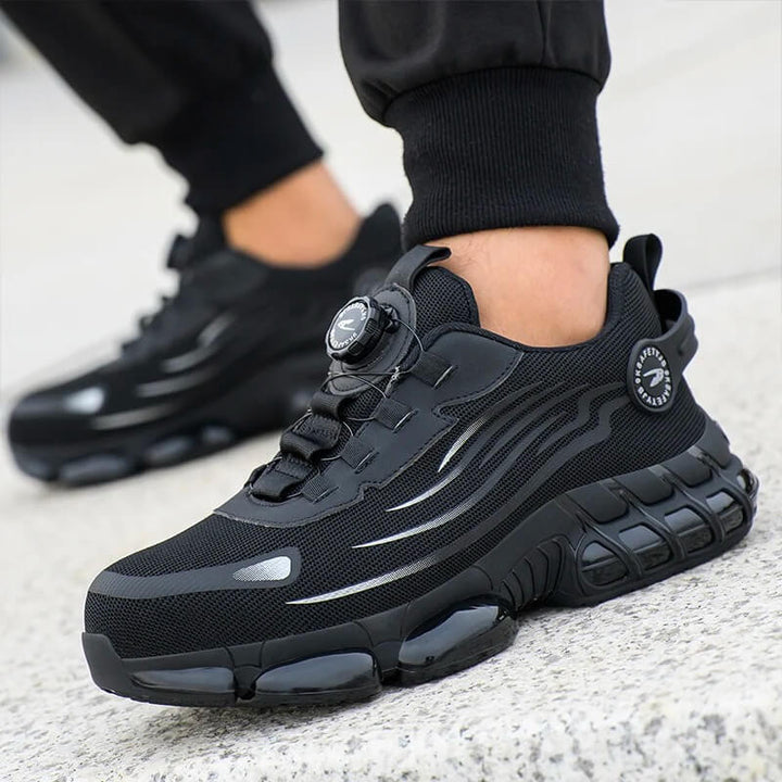 Steel toe men's safety sneakers, indestructible work footwear with superior non-slip grip.