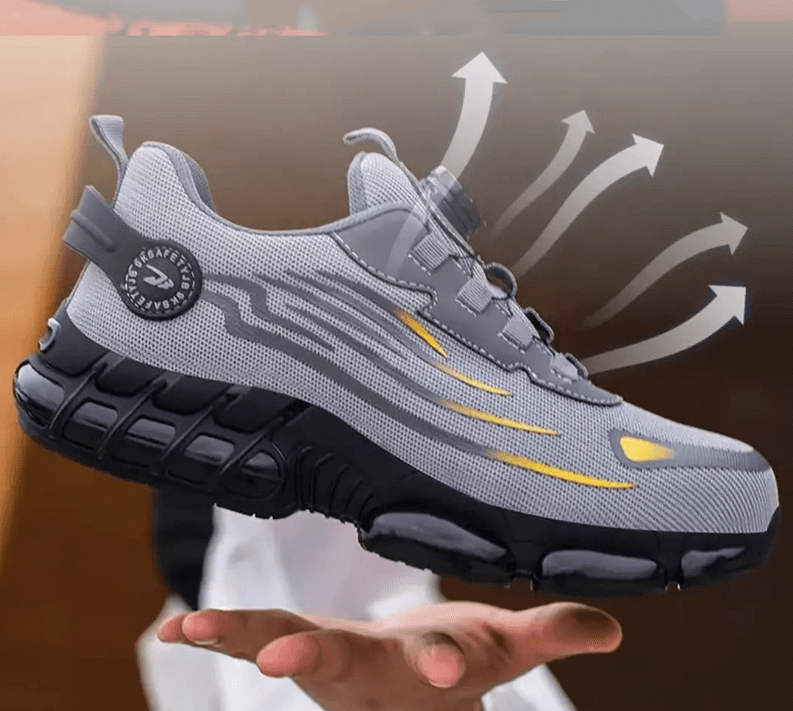 Industrial men's safety sneakers, ultimate protection & comfort, non-slip, steel toe work footwear.