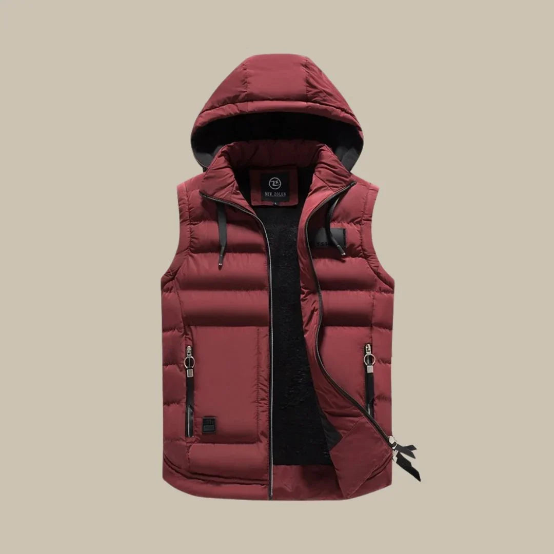 Casual men's puffer vest. Sleeveless insulated bodywarmer for winter warmth & layering. Perfect outdoor jacket.