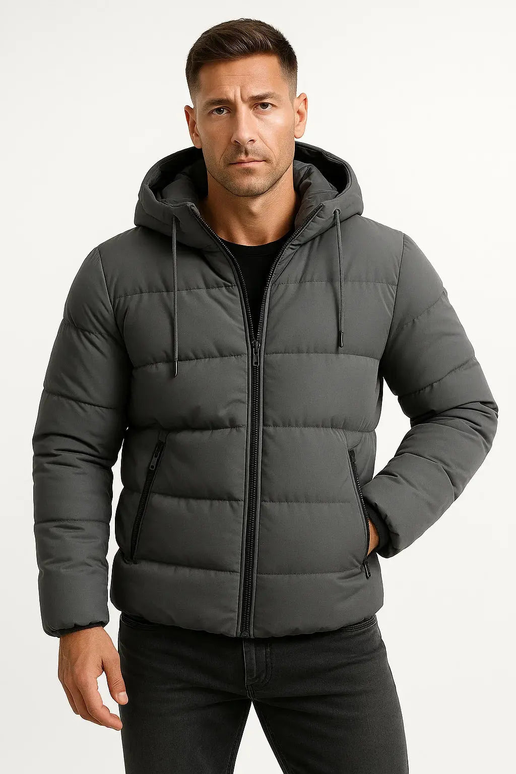 Men's insulated puffer jacket with hood for ultimate winter warmth. Ideal for casual outdoor style.